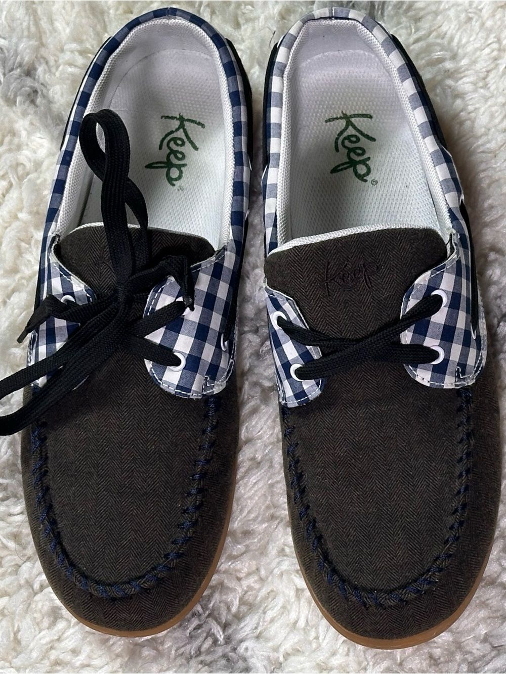 Keep Navy Gingham Canvas Boat Shoes - Brown & Navy/UNISEX